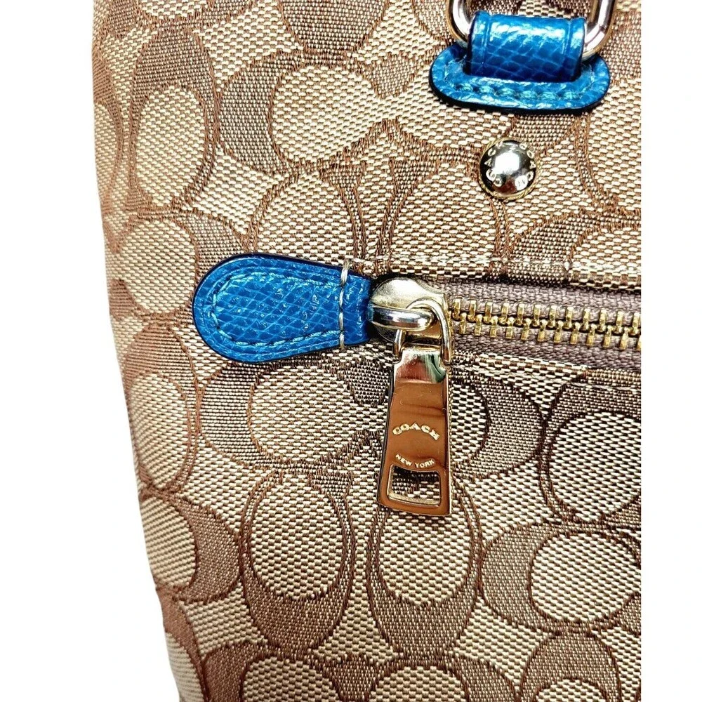 Coach Khaki Canvas Blue Leather Monogram Signature Tote Shoulder Bag Purse